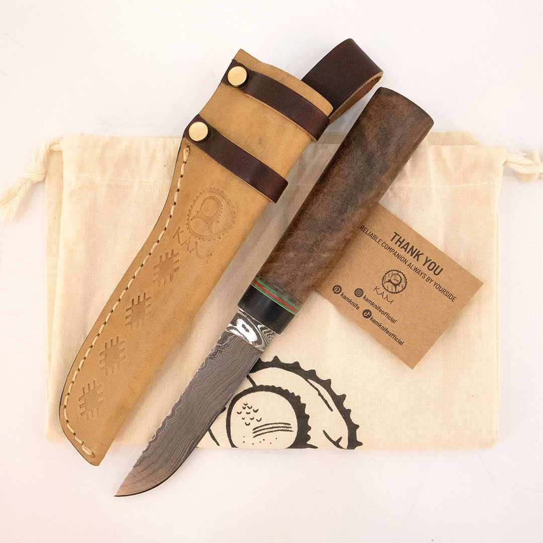 Kam Knife - P10 - Damascus Steel - Maun Wood G Micarta Handle - Fixed Blade Flat