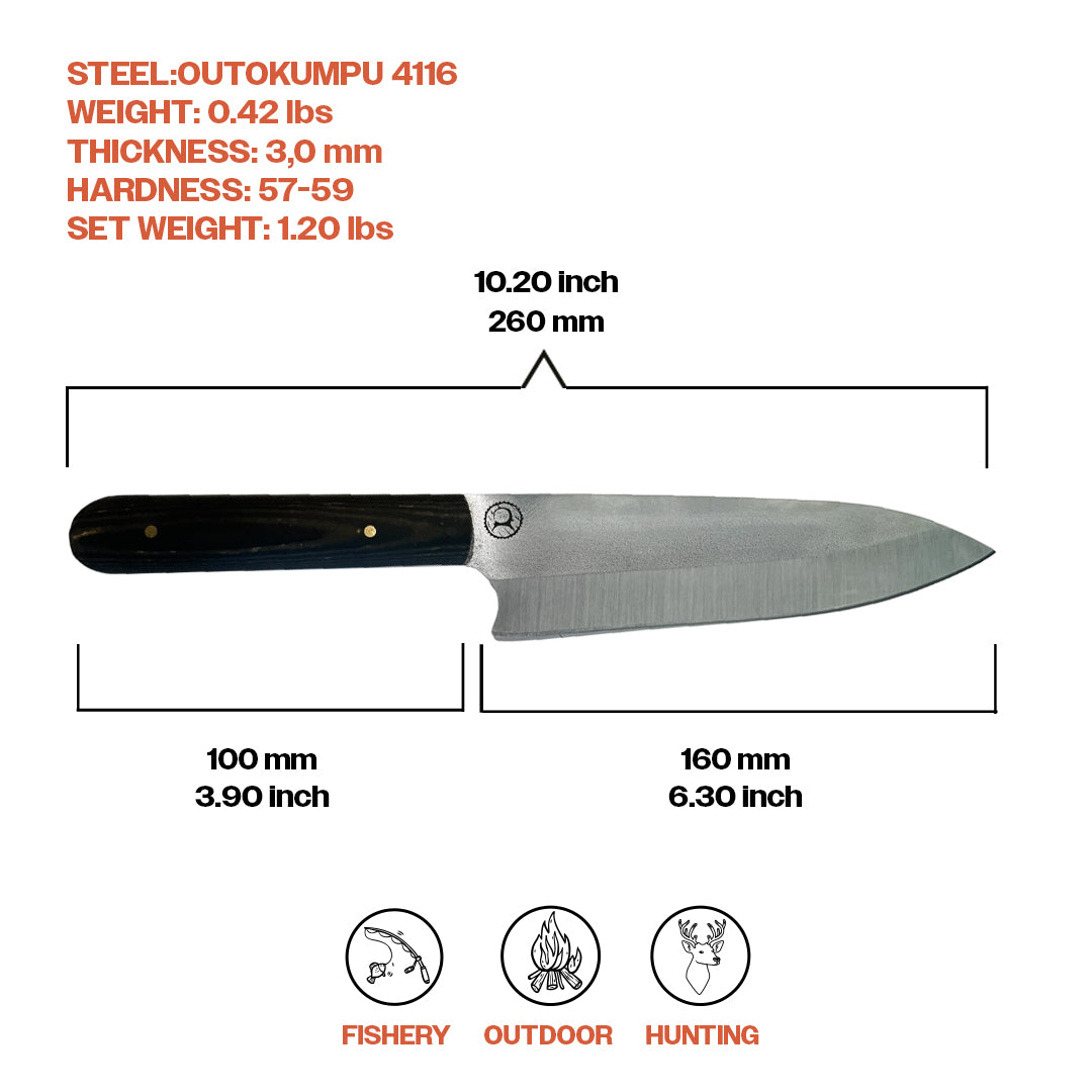 Kam Knife - CHIEF - Outokumpu 4116 Steel - Black Handle Chef Fixed Blade - Chopping Board