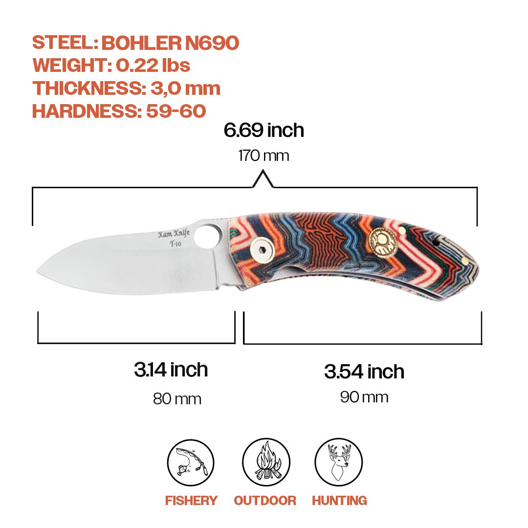Kam Knife – T10 - N690 Steel - Blue G Micarta Handle - Pocket Knife