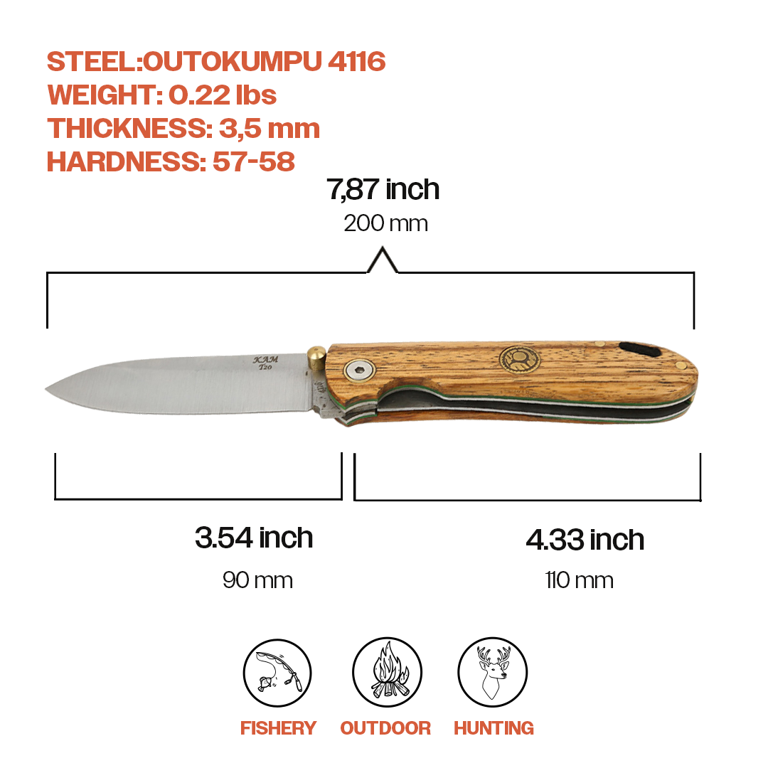 Kam Knife - Internal Locking Pocket Knife OUTOKUMPU Stainless Steel 4116 with 3.54" Blade EDC Knife; Zebrano Wood Handle Camping Knife; Small Hunting Knife Perfect for Outdoors and Hiking - Kam Knife US