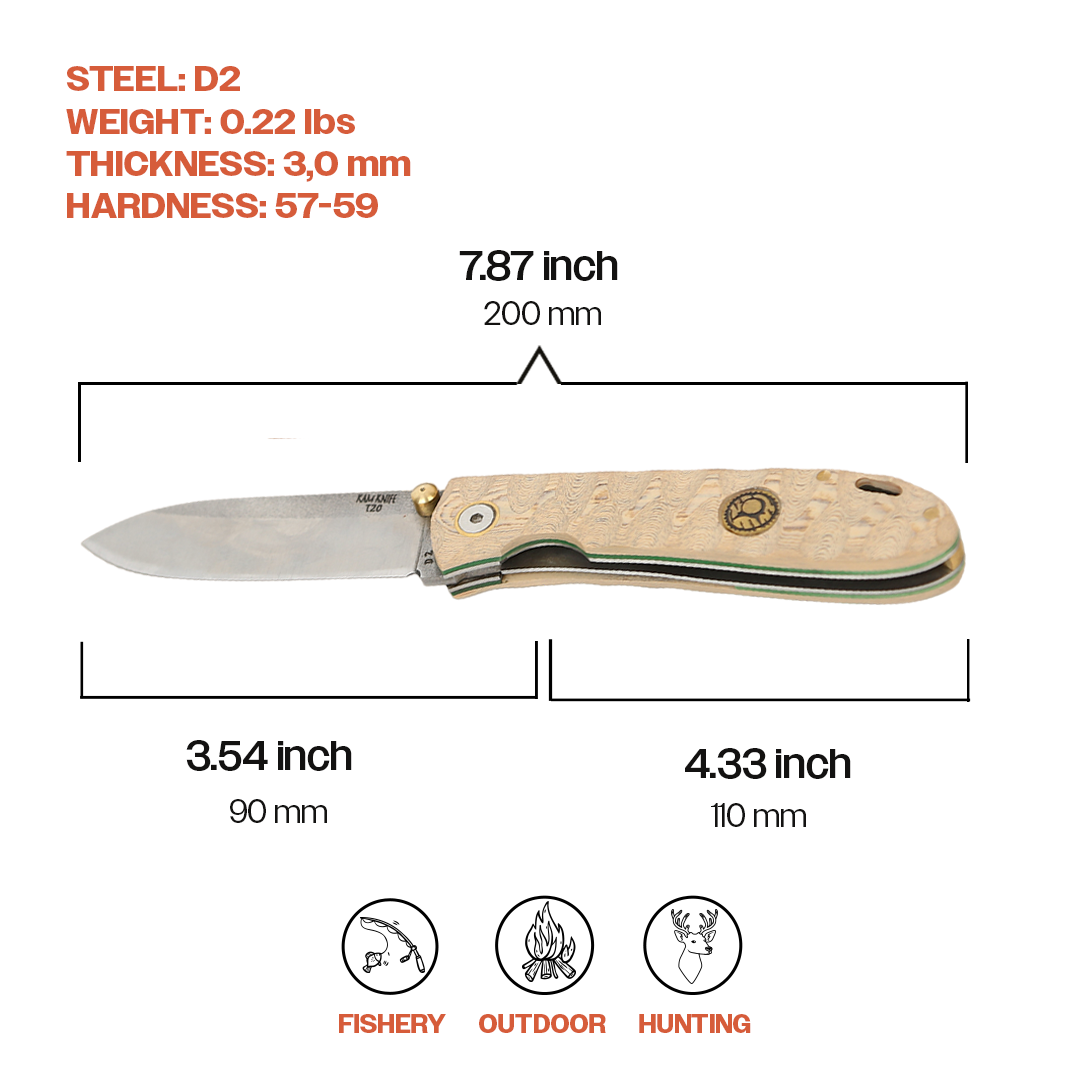 Kam Knife - Folding Knife BÖHLER Stainless Steel D2 Blade with 3.14" Blade EDC Knife; Oak Handle Camping Knife; Small Hunting Knife Perfect for Outdoors and Hiking - Kam Knife US