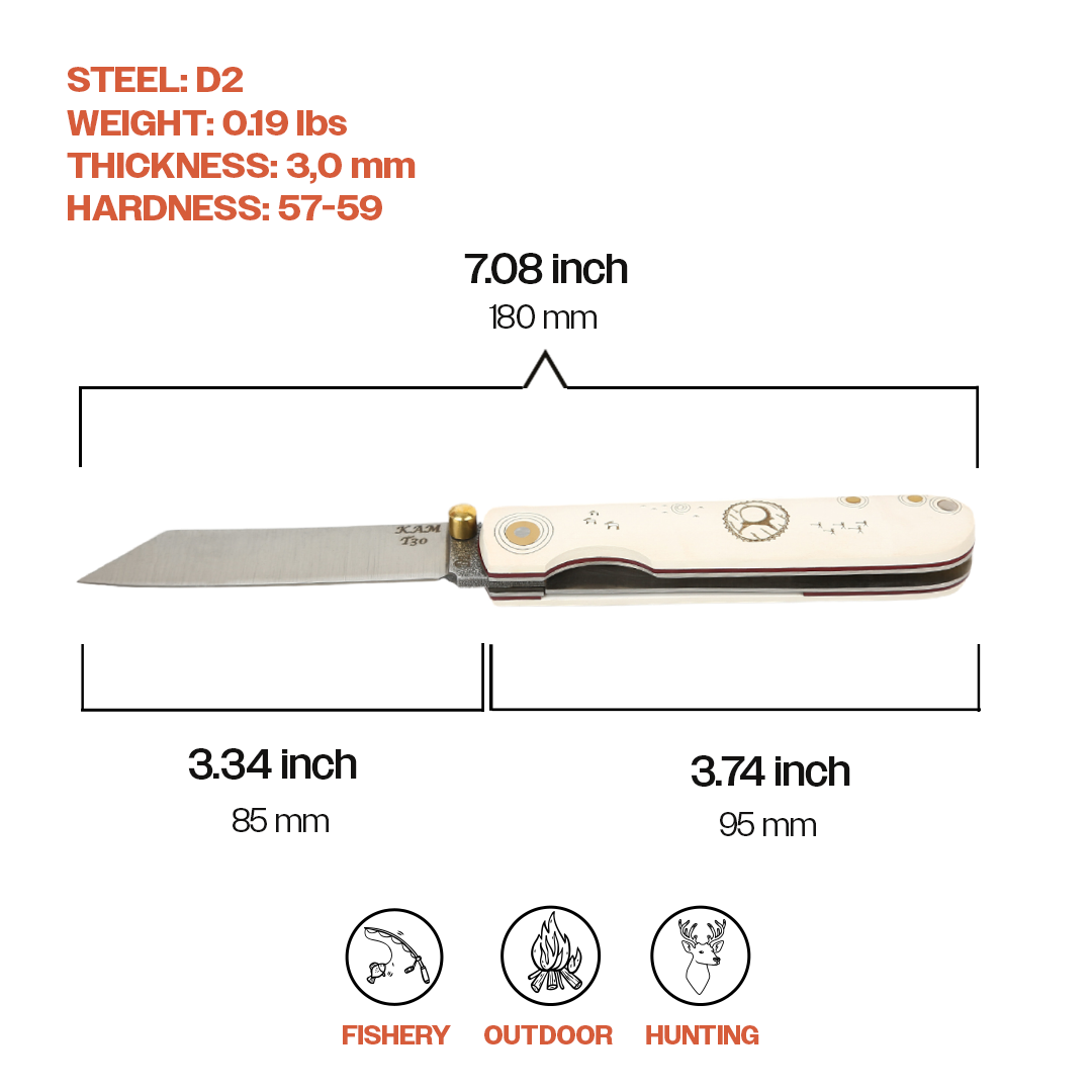 Kam Knife – Internal Lock Pocket Knife Survival EDC D2 Knife with 3.34