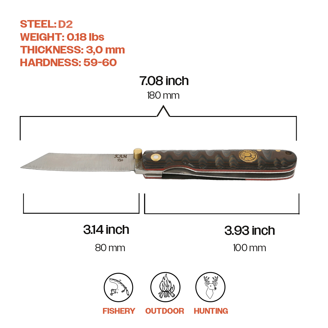 Kam Knife - T30 - D2 Steel - Katsu Brown Handle - Pocket Knife