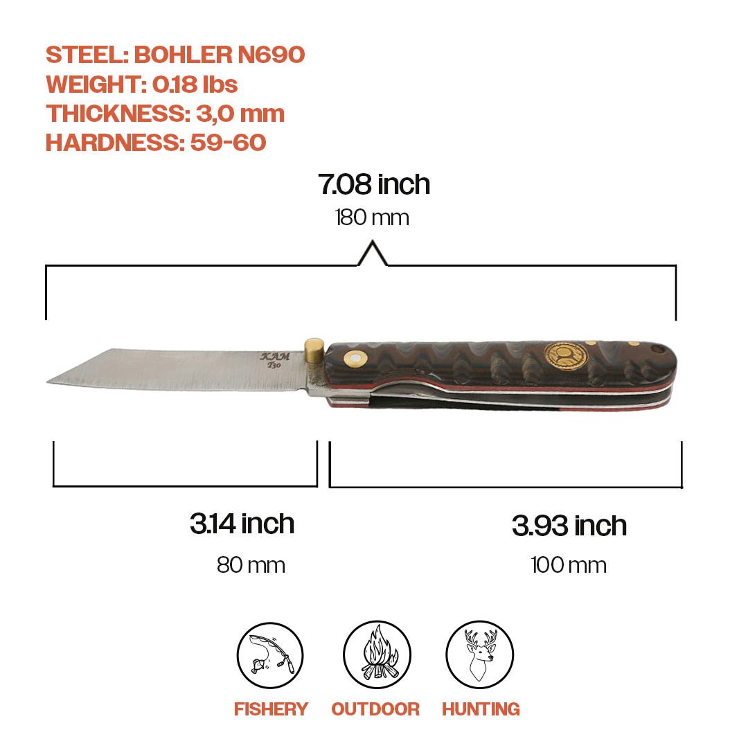 Kam Knife - Katsu Pocket Knife BÖHLER Stainless Steel N690 with 3.14" Blade EDC Knife; Micarta Handle Camping Knife; Small Hunting Knife Perfect for Outdoors and Hiking - Kam Knife US