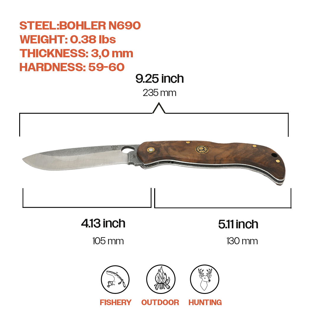 Kam Knife - Folding Knife BOHLER Stainless Steel N690 Camping Knife with 4.13" Blade; Walnut Handle Hunting Knife; Survival EDC Knife; Perfect for Outdoors and Hiking - Kam Knife US